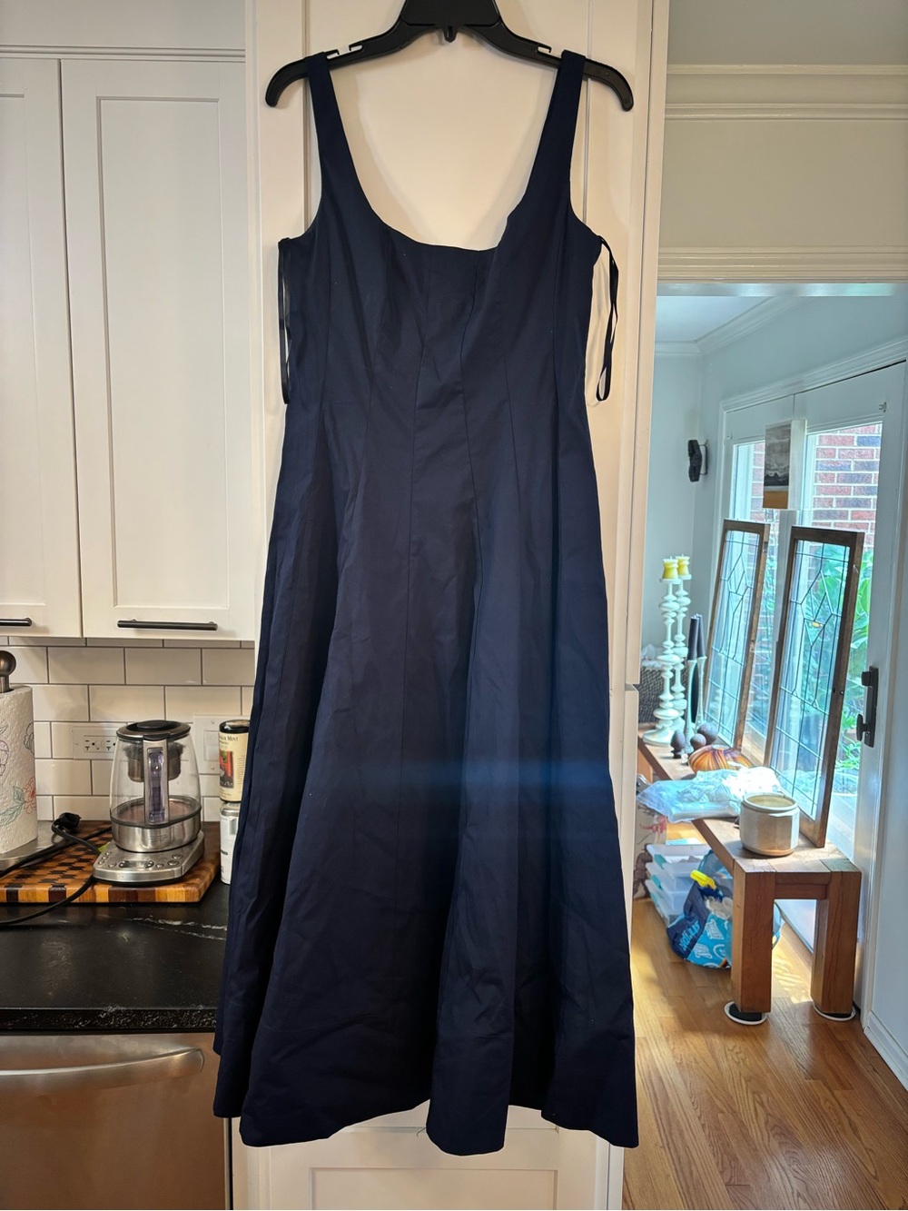 new Staud Wells paneled cotton poplin midi dress in navy blue - Picture 5 of 8